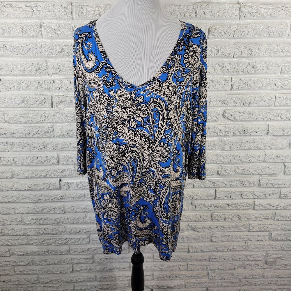 Cynthia Rowley Women's 1X Tunic Top Blue White Paisley‎ Split Back PAI43XE